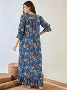 The Kaftan Company Nightdress Blue Floral and Butterfly Print Viscose Nightdress with Frill Hem