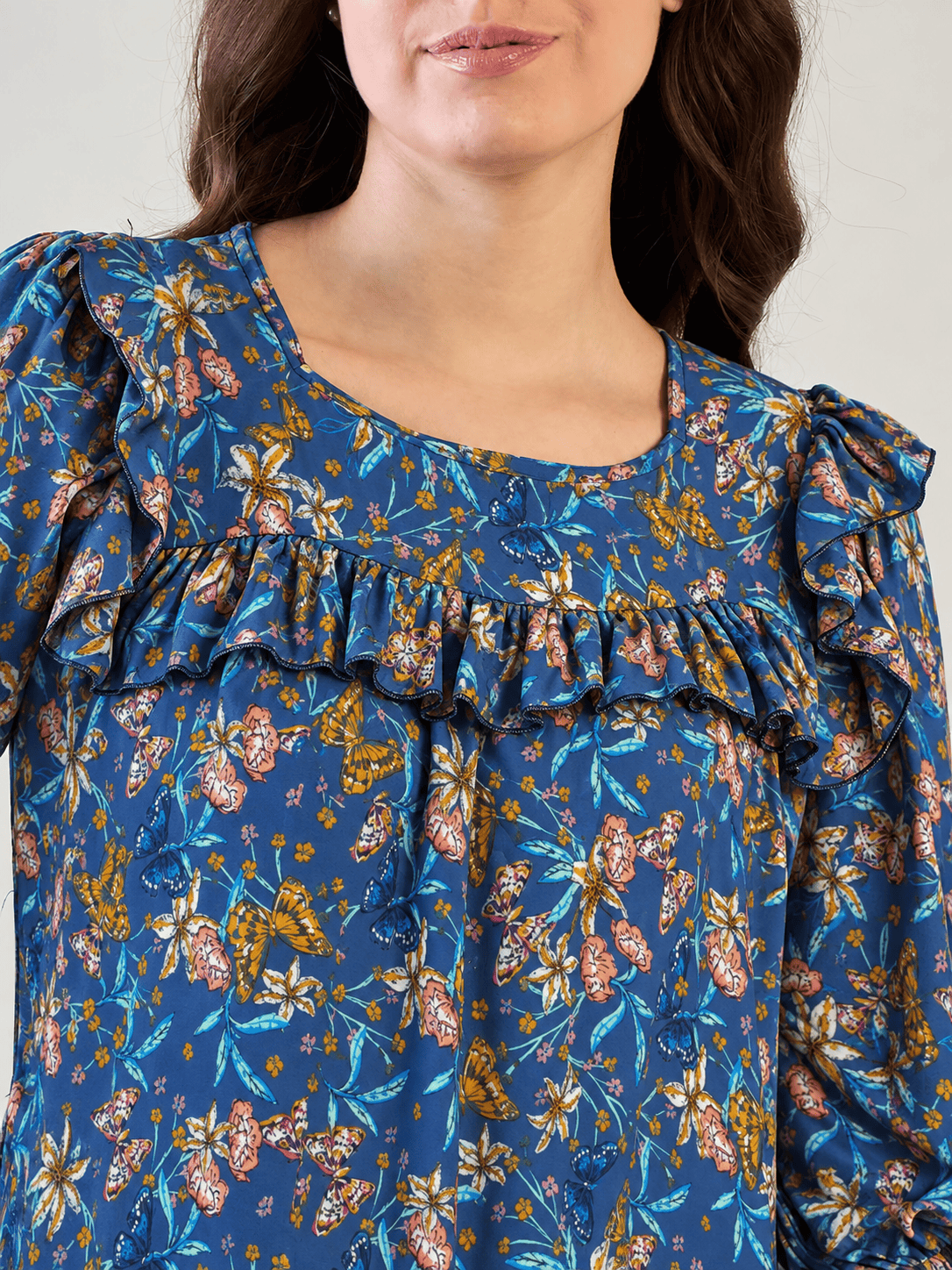 The Kaftan Company Nightdress Blue Floral and Butterfly Print Viscose Nightdress with Frill Hem