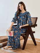 The Kaftan Company Nightdress Blue Floral and Butterfly Print Viscose Nightdress with Frill Hem