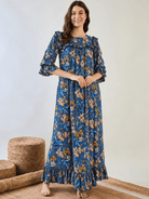 The Kaftan Company Nightdress Blue Floral and Butterfly Print Viscose Nightdress with Frill Hem
