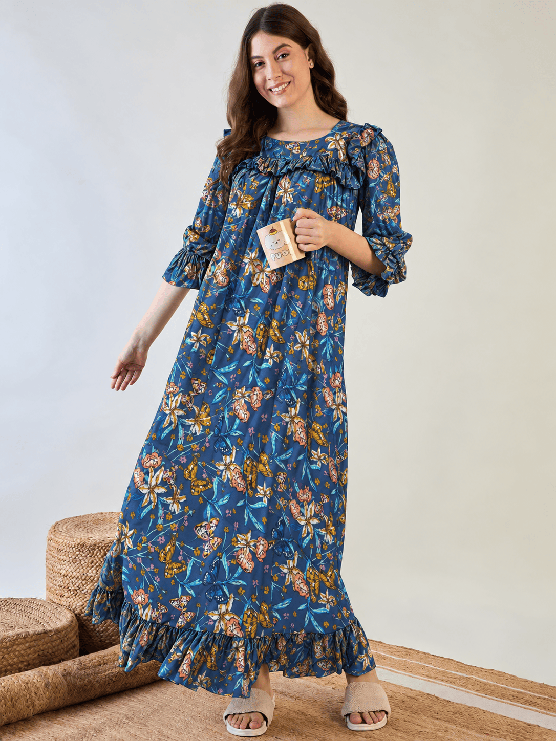 The Kaftan Company Nightdress Blue Floral and Butterfly Print Viscose Nightdress with Frill Hem