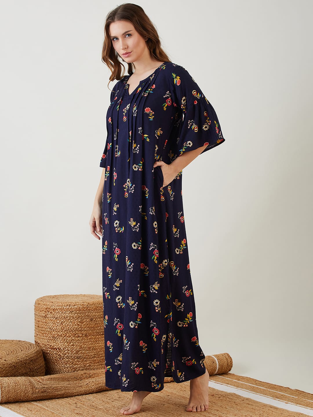 The Kaftan Company Nightdress Blue Floral Printed Nighty