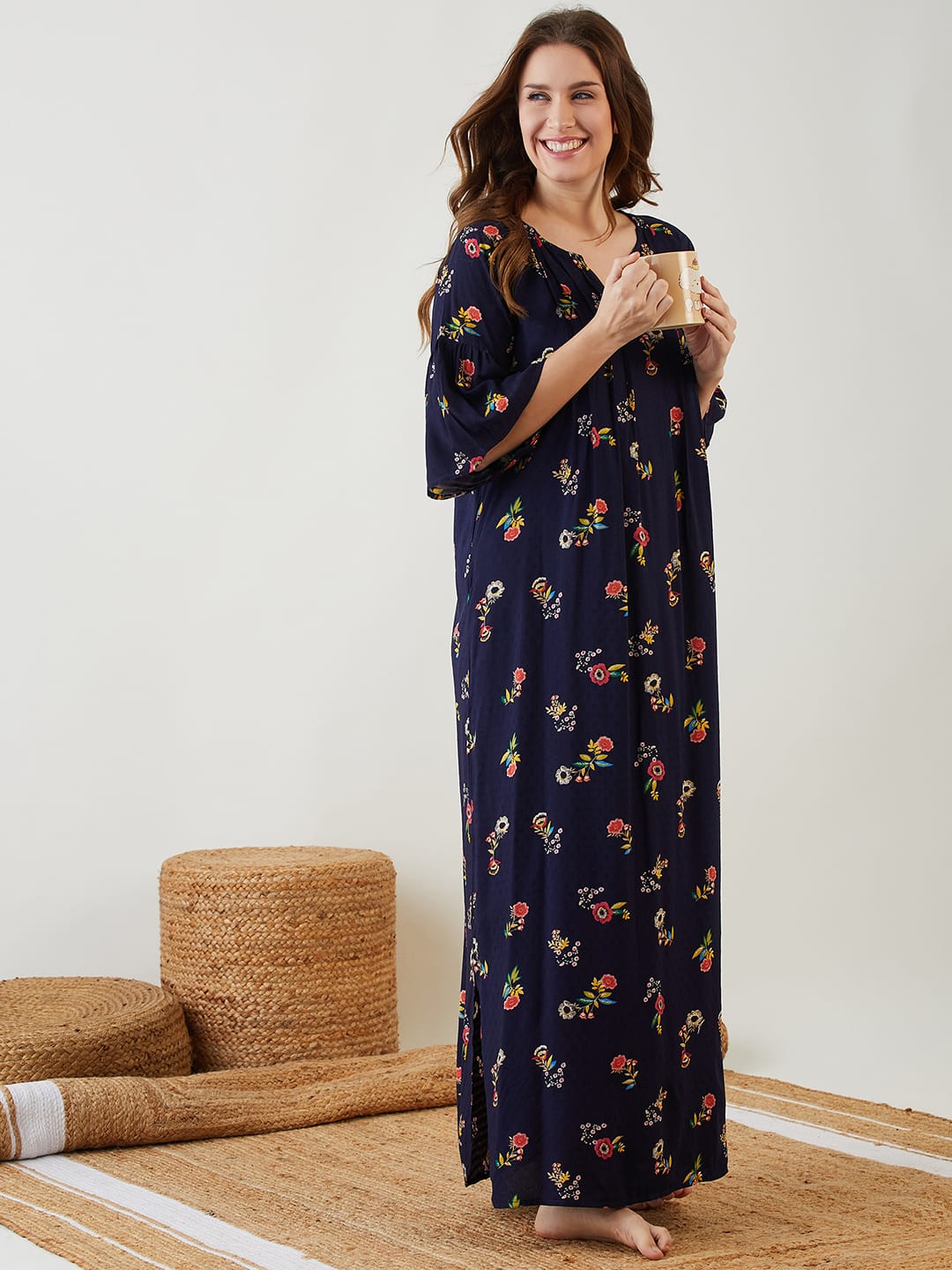 The Kaftan Company Nightdress Blue Floral Printed Nighty