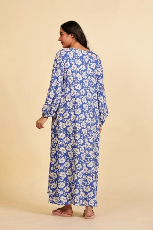 The Kaftan Company Nightdress Blue Floral Viscose Rayon Maternity Nightdress