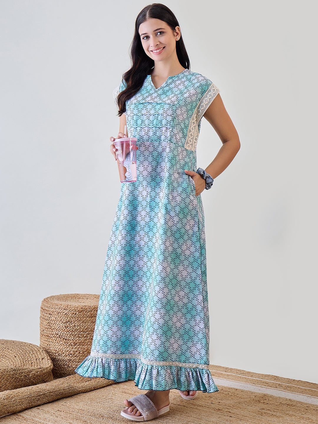 The Kaftan Company Nightdress Blue Hatch Stitch Cotton Night Dress