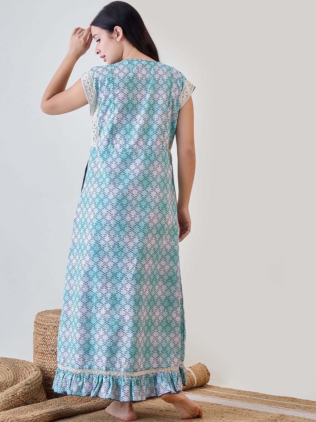 The Kaftan Company Nightdress Blue Hatch Stitch Cotton Night Dress