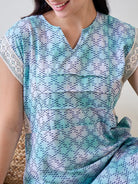 The Kaftan Company Nightdress Blue Hatch Stitch Cotton Night Dress