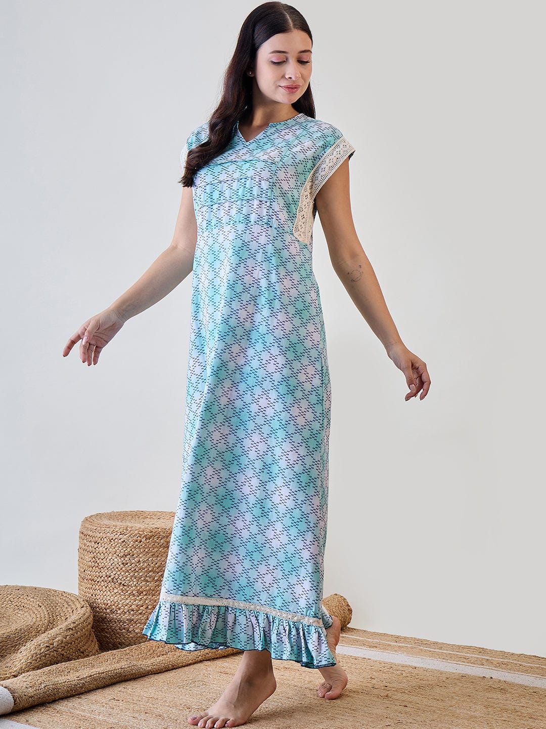 The Kaftan Company Nightdress Blue Hatch Stitch Cotton Night Dress