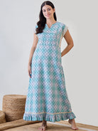 The Kaftan Company Nightdress Blue Hatch Stitch Cotton Night Dress