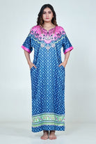 The Kaftan Company Nightdress Blue & Pink Printed Satin Nightdress with Pockets