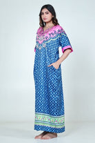 The Kaftan Company Nightdress Blue & Pink Printed Satin Nightdress with Pockets