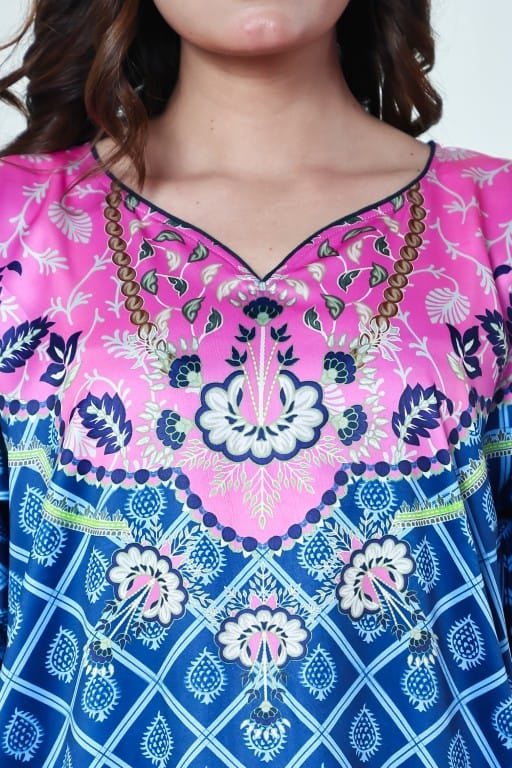 The Kaftan Company Nightdress Blue & Pink Printed Satin Nightdress with Pockets