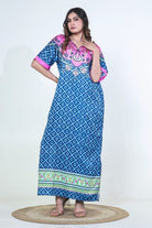 The Kaftan Company Nightdress Blue & Pink Printed Satin Nightdress with Pockets
