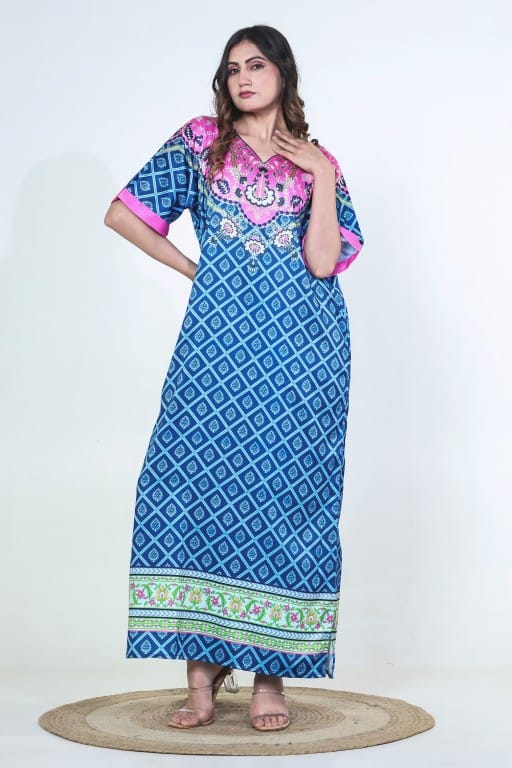 The Kaftan Company Nightdress Blue & Pink Printed Satin Nightdress with Pockets