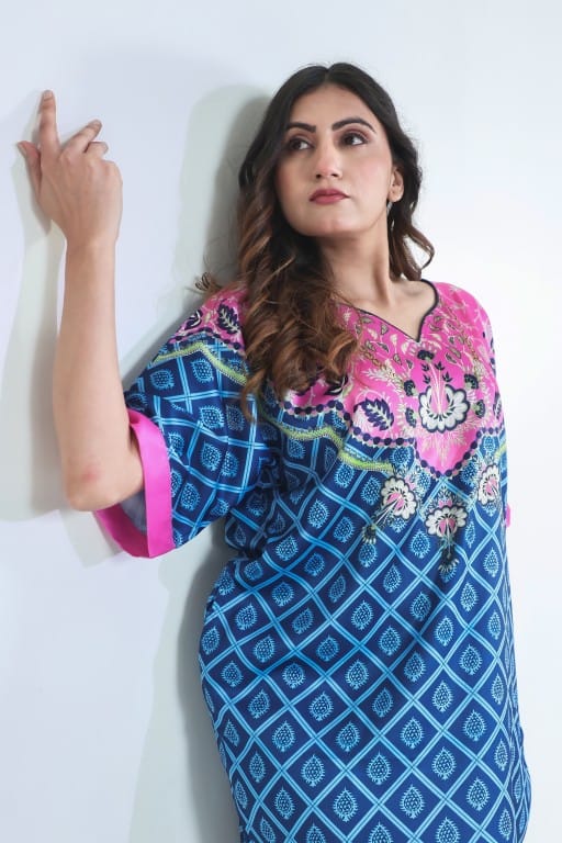 The Kaftan Company Nightdress Blue & Pink Printed Satin Nightdress with Pockets