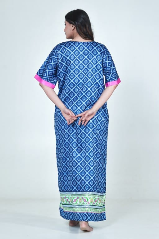 The Kaftan Company Nightdress Blue & Pink Printed Satin Nightdress with Pockets