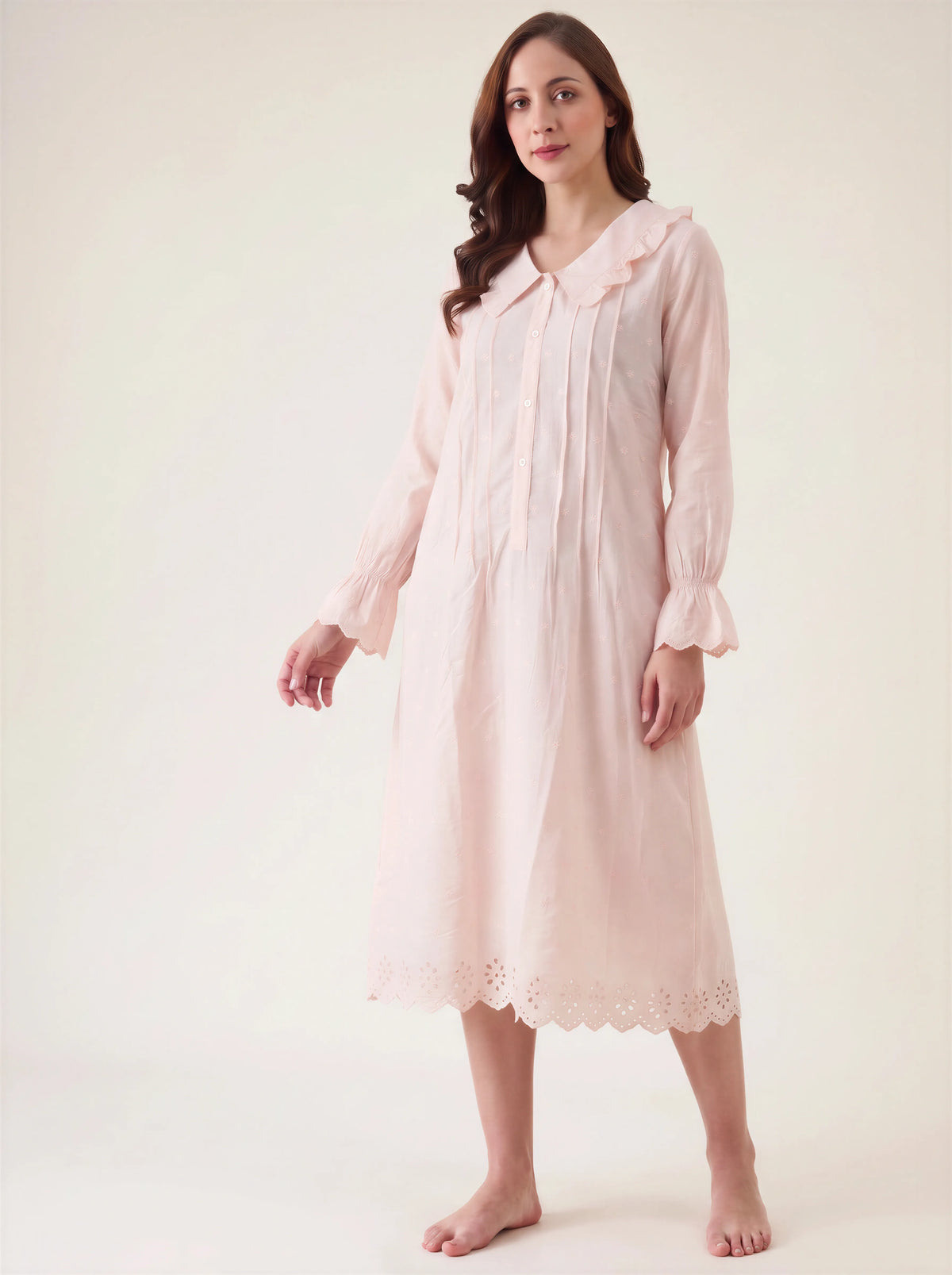 The Kaftan Company Nightdress Blush Pink Nightdress with Ruffle Collar and Lace Hem