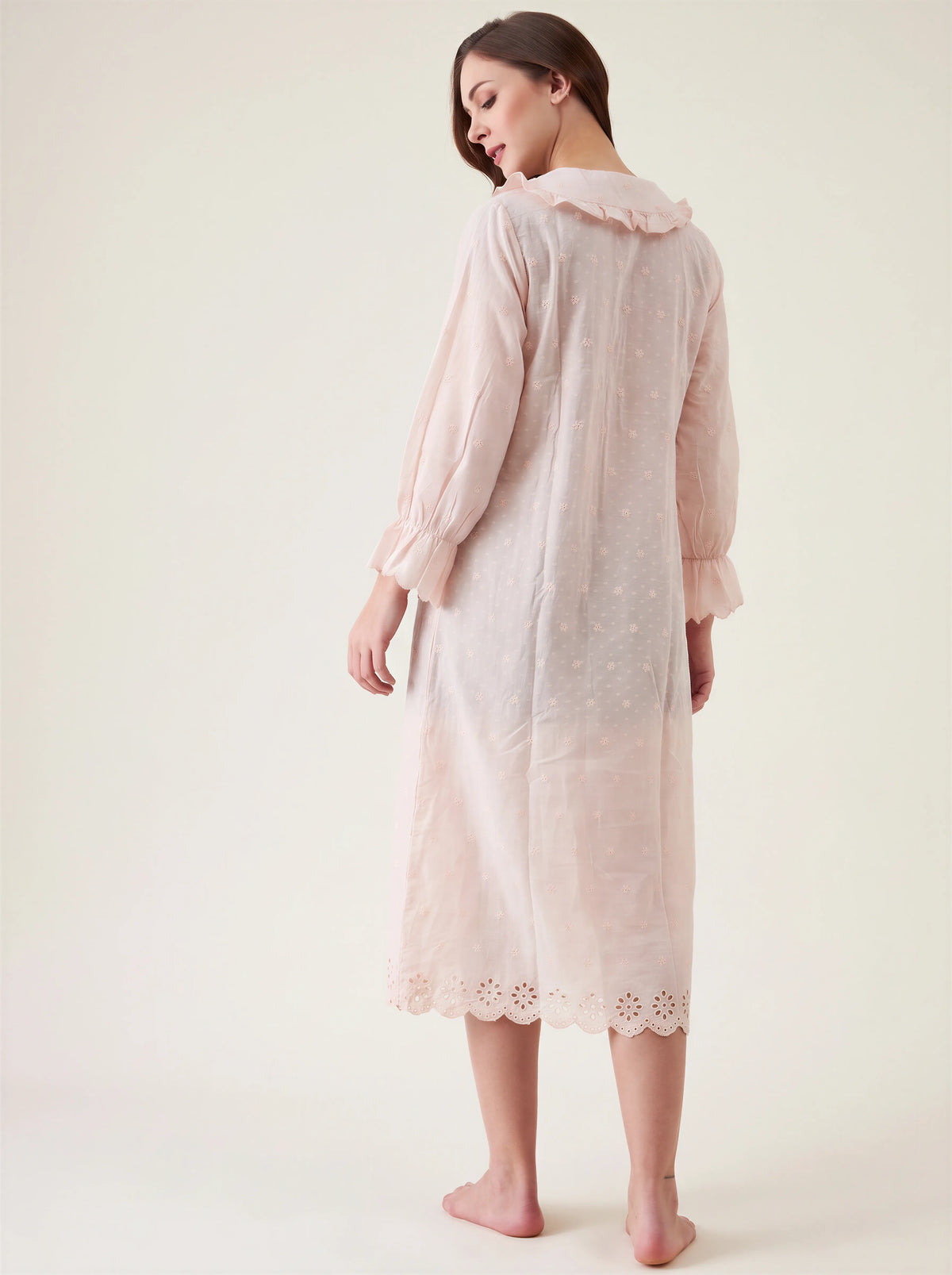 The Kaftan Company Nightdress Blush Pink Nightdress with Ruffle Collar and Lace Hem