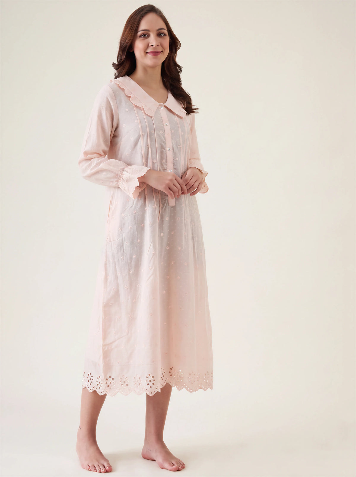 The Kaftan Company Nightdress Blush Pink Nightdress with Ruffle Collar and Lace Hem