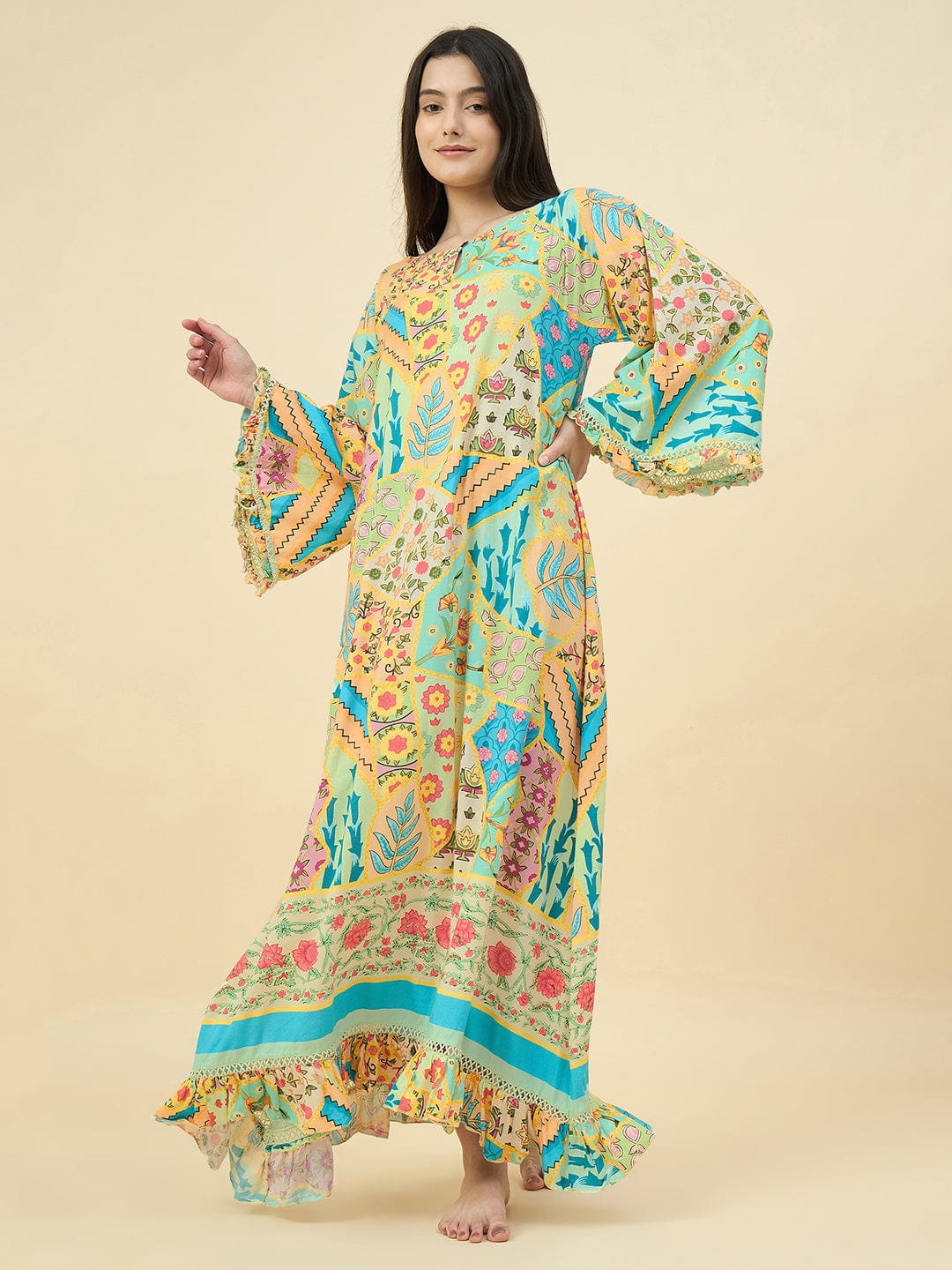 The Kaftan Company Nightdress Bright Patchwork Cotton Viscose Nightdress – Flowy Sleeves & Pockets