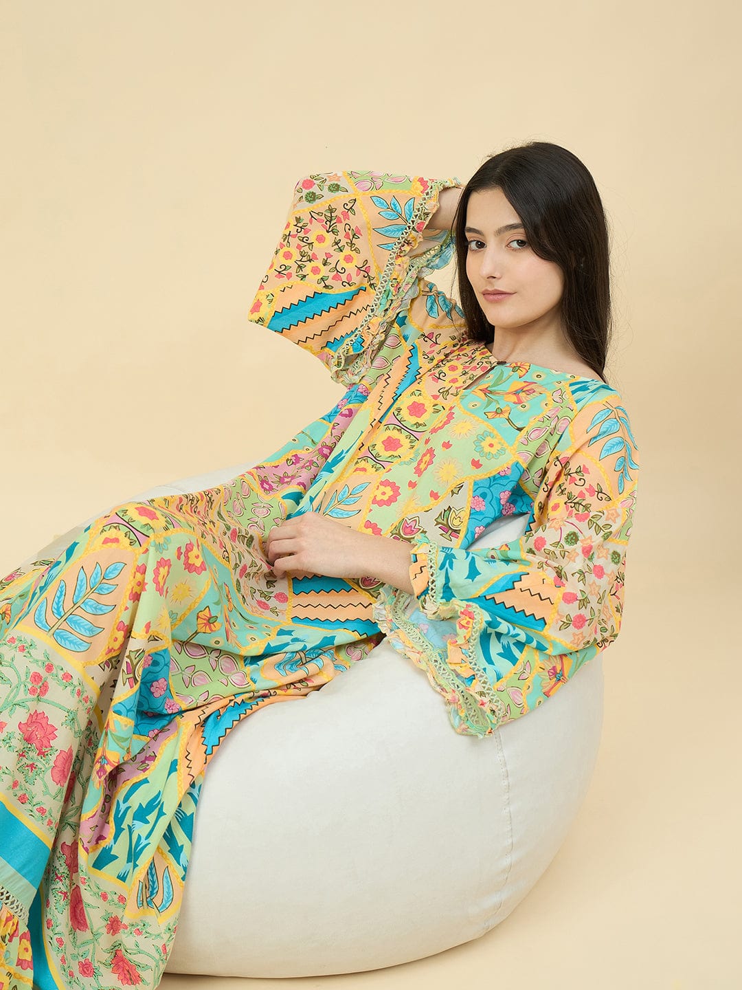 The Kaftan Company Nightdress Bright Patchwork Cotton Viscose Nightdress – Flowy Sleeves & Pockets