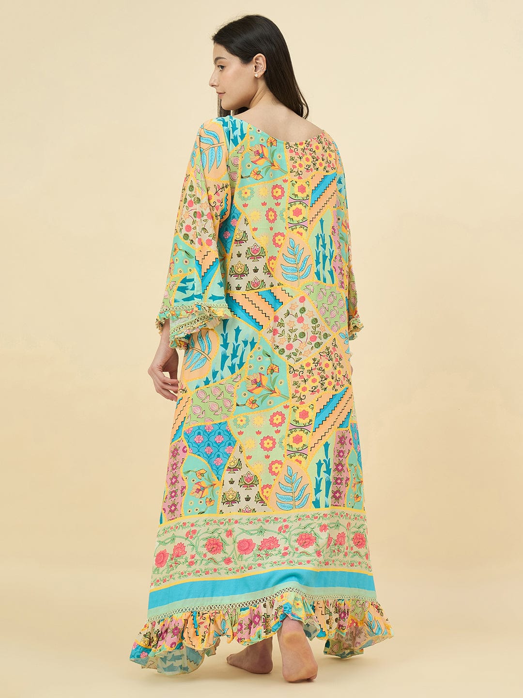 The Kaftan Company Nightdress Bright Patchwork Cotton Viscose Nightdress – Flowy Sleeves & Pockets