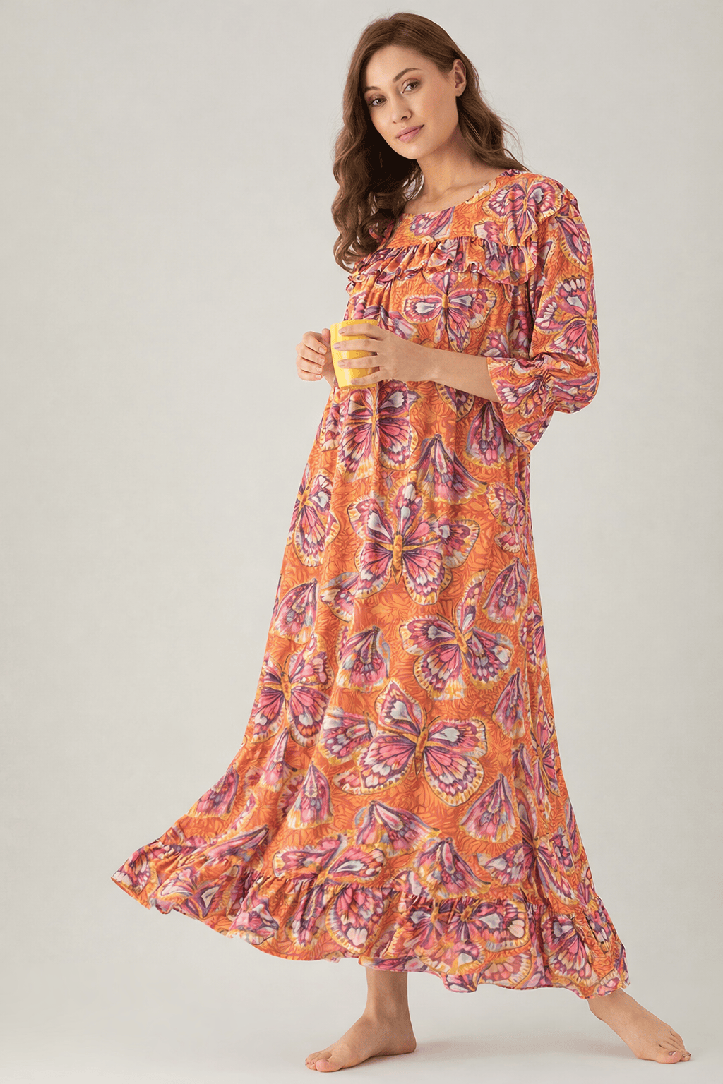 The Kaftan Company Nightdress Butterfly Print Modal Nightdress with Ruffle Yoke