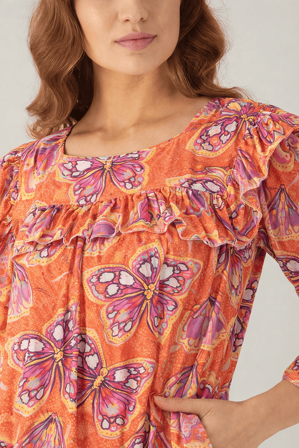 The Kaftan Company Nightdress Butterfly Print Modal Nightdress with Ruffle Yoke