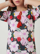 The Kaftan Company Nightdress Charcoal Floral Print Cotton Nightdress with Tassel Tie Neckline