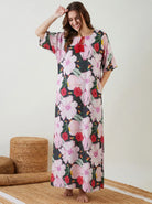The Kaftan Company Nightdress Charcoal Floral Print Cotton Nightdress with Tassel Tie Neckline