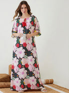 The Kaftan Company Nightdress Charcoal Floral Print Cotton Nightdress with Tassel Tie Neckline