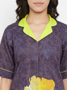 The Kaftan Company Nightdress Charcoal Purple Floral Print Nightdress with Yellow Collar