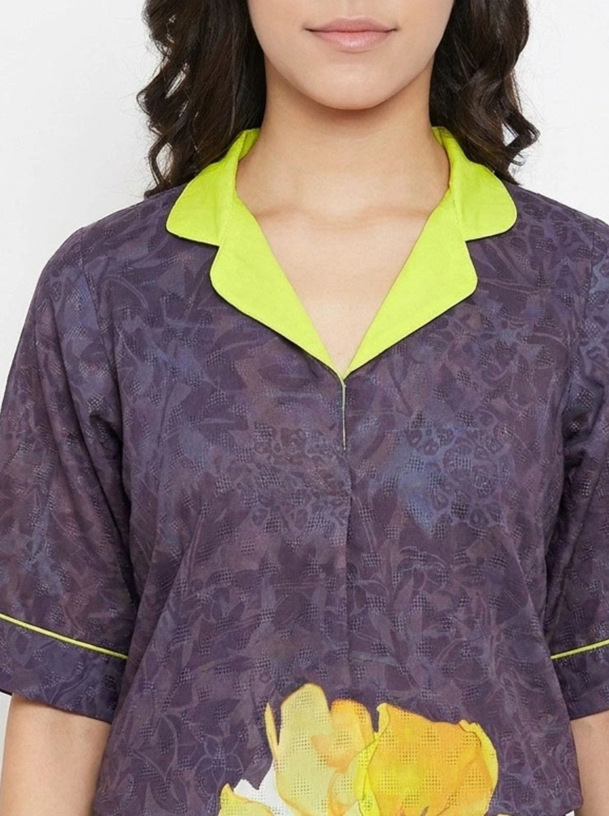 The Kaftan Company Nightdress Charcoal Purple Floral Print Nightdress with Yellow Collar