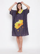 The Kaftan Company Nightdress Charcoal Purple Floral Print Nightdress with Yellow Collar