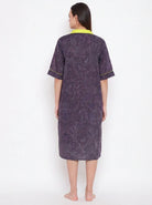 The Kaftan Company Nightdress Charcoal Purple Floral Print Nightdress with Yellow Collar