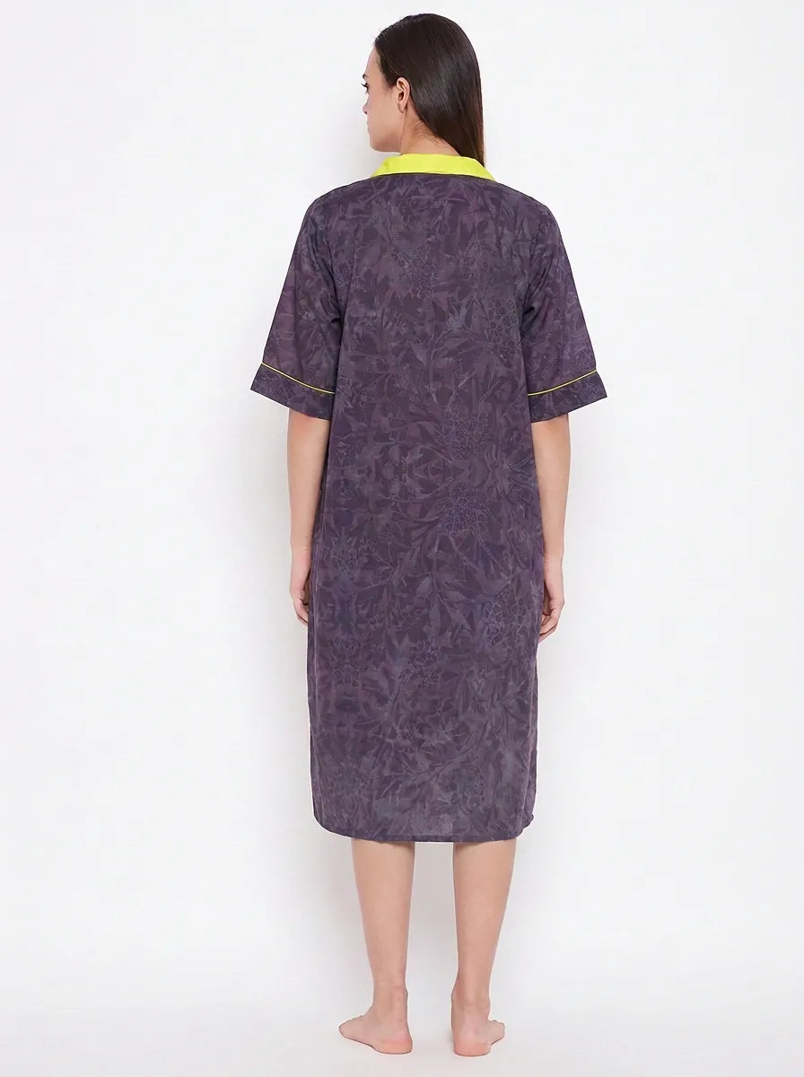 The Kaftan Company Nightdress Charcoal Purple Floral Print Nightdress with Yellow Collar
