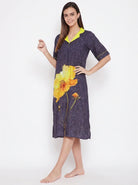 The Kaftan Company Nightdress Charcoal Purple Floral Print Nightdress with Yellow Collar