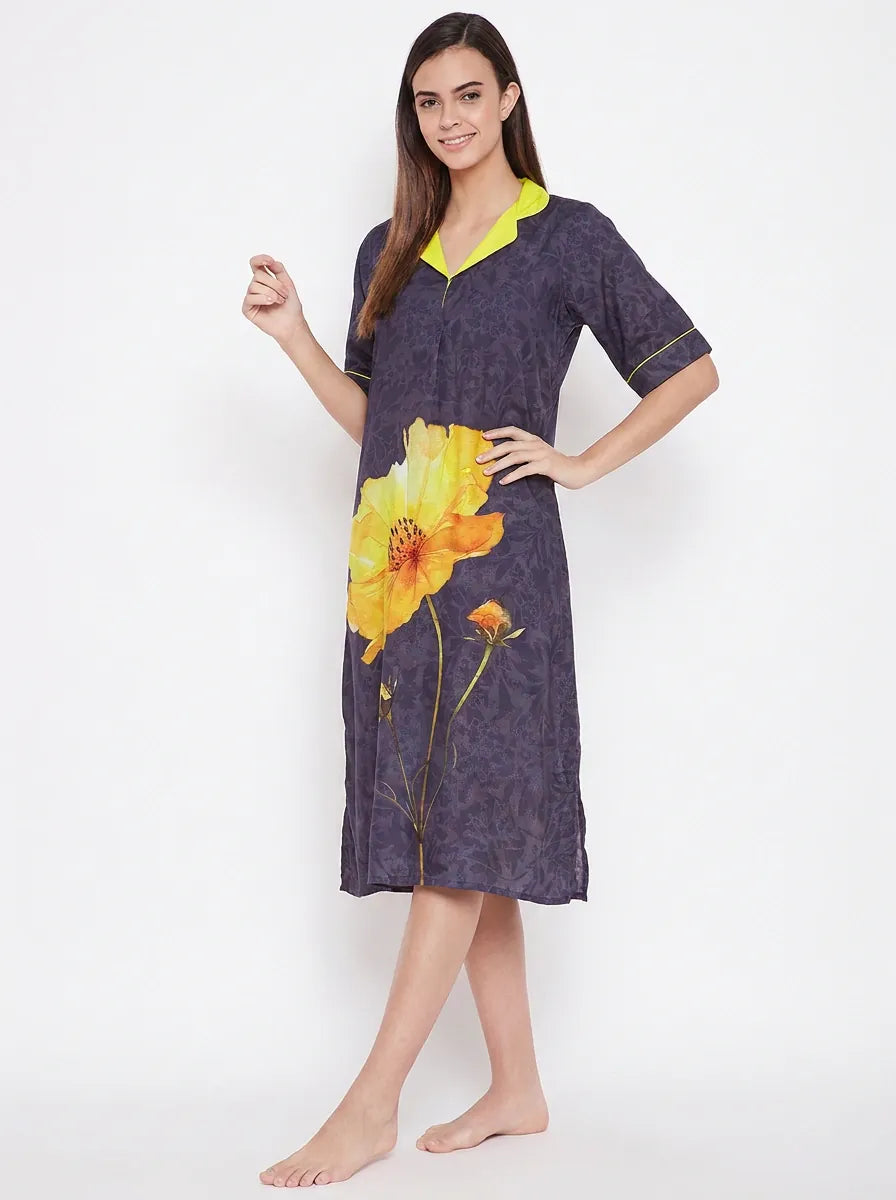 The Kaftan Company Nightdress Charcoal Purple Floral Print Nightdress with Yellow Collar