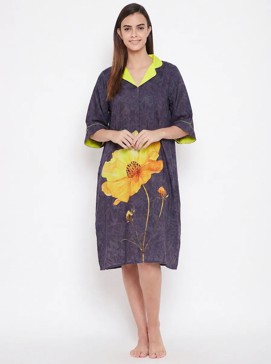 The Kaftan Company Nightdress Charcoal Purple Floral Print Nightdress with Yellow Collar