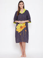 The Kaftan Company Nightdress Charcoal Purple Floral Print Nightdress with Yellow Collar