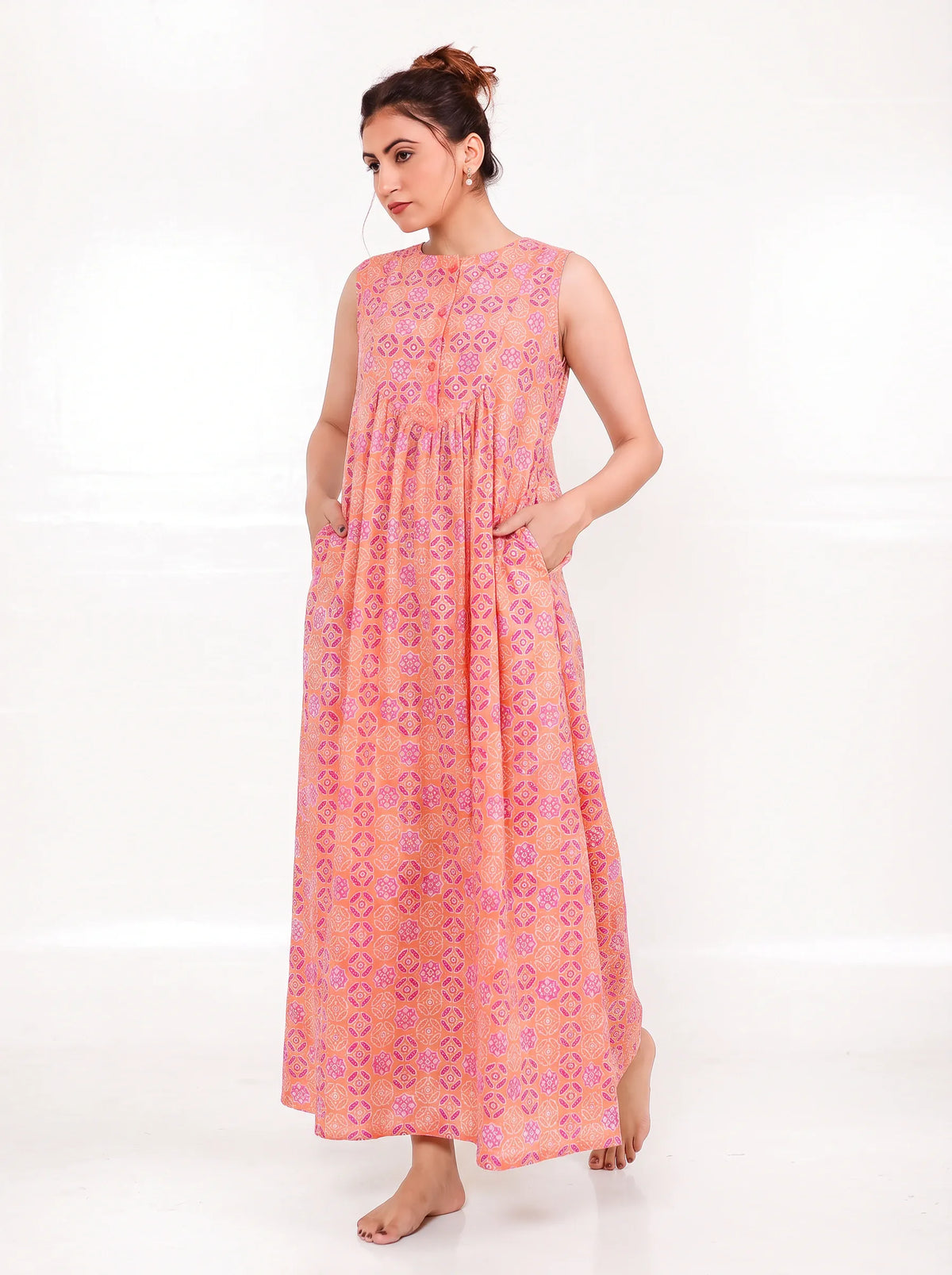 The Kaftan Company Nightdress Coral Bandhani Print Nightdress with Pockets