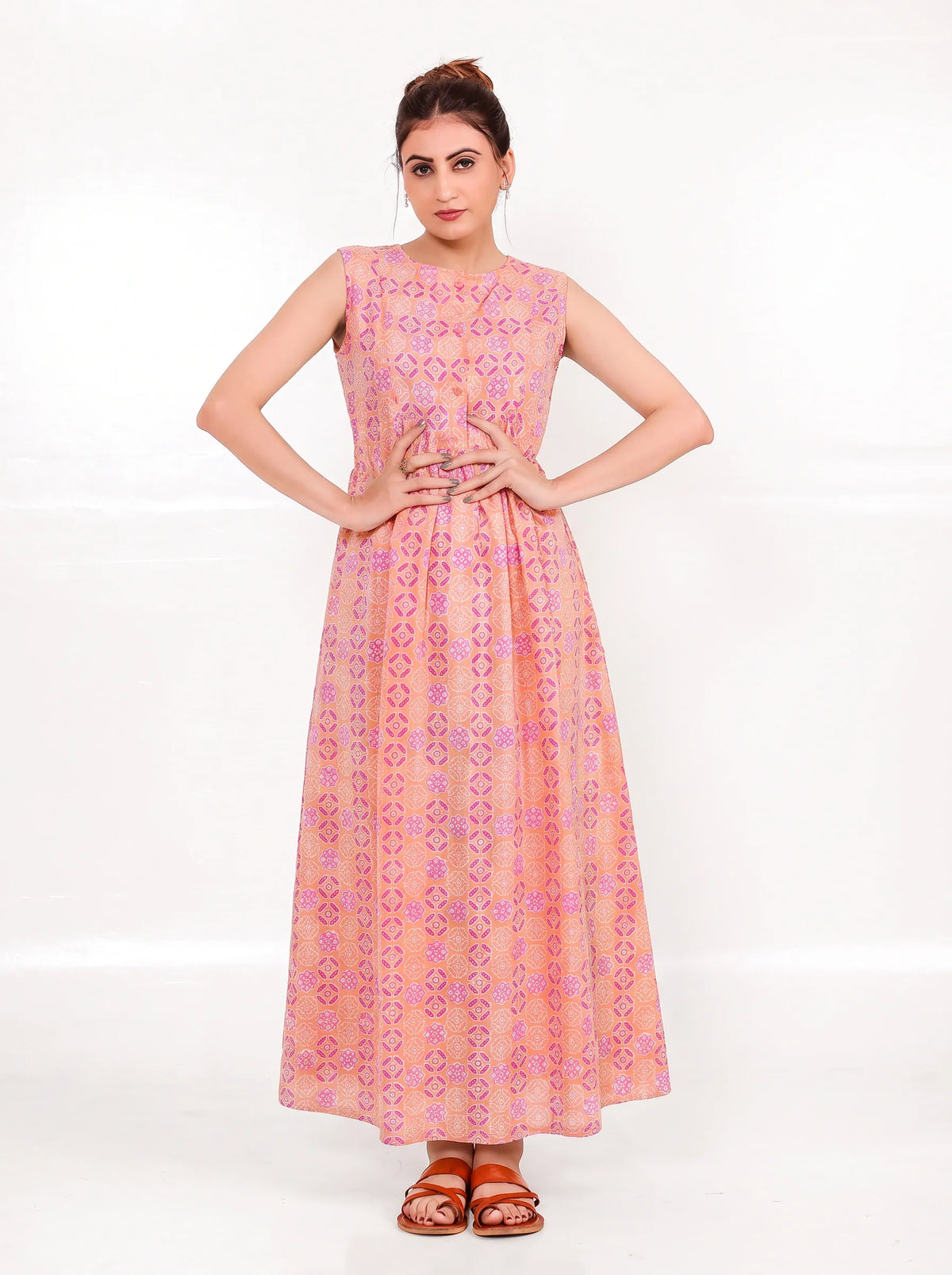The Kaftan Company Nightdress Coral Bandhani Print Nightdress with Pockets