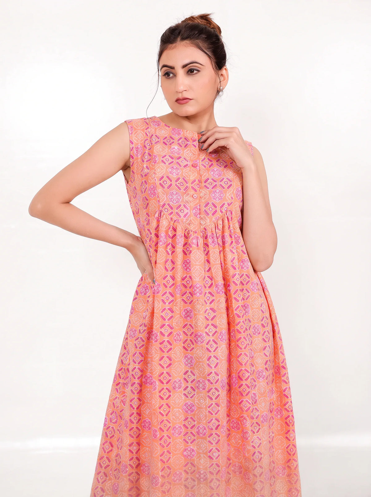The Kaftan Company Nightdress Coral Bandhani Print Nightdress with Pockets