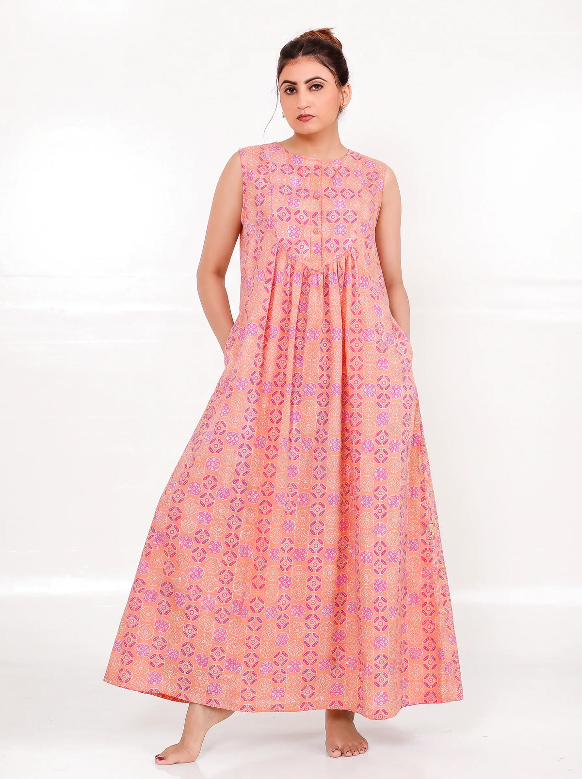 The Kaftan Company Nightdress Coral Bandhani Print Nightdress with Pockets