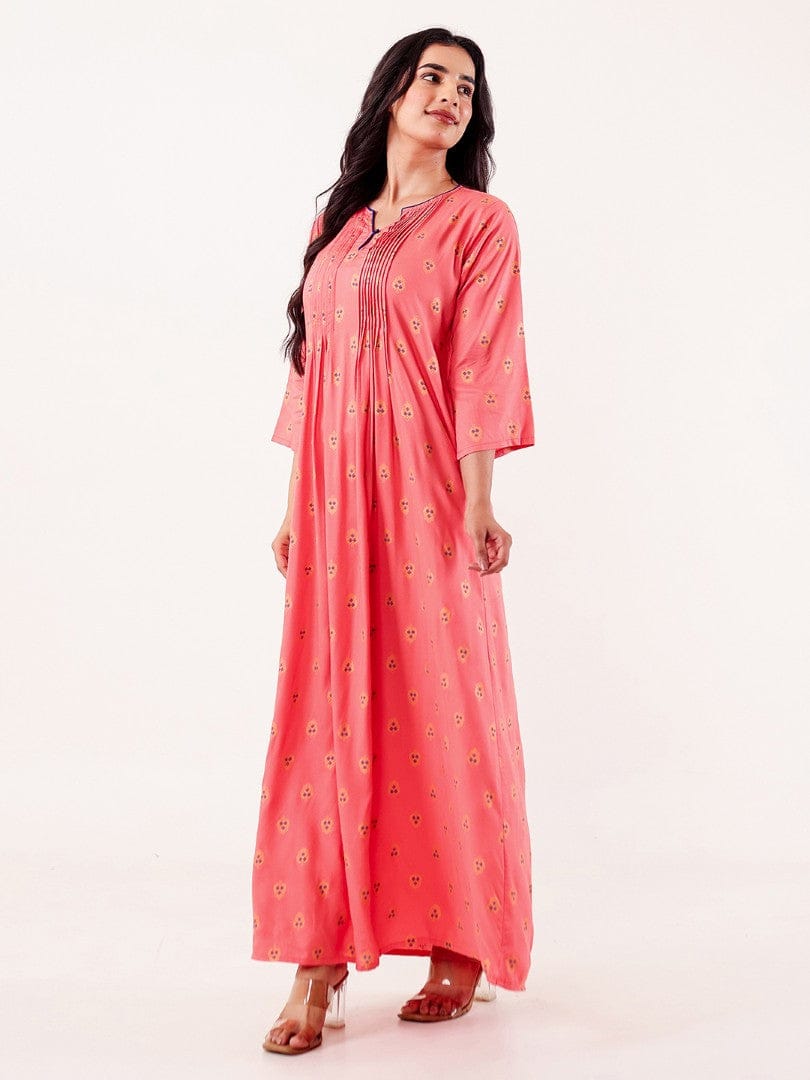 The Kaftan Company Nightdress Coral Ethnic Motif Printed Viscose Rayon Nightdress with Pintuck Detail