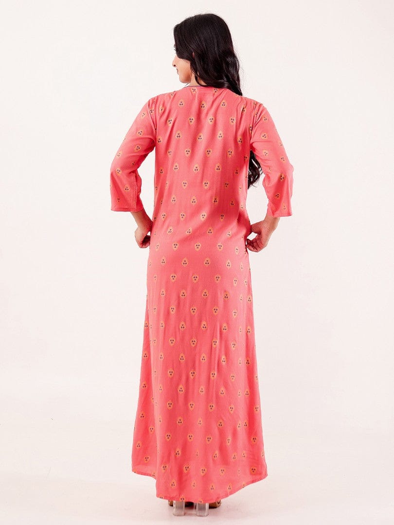The Kaftan Company Nightdress Coral Ethnic Motif Printed Viscose Rayon Nightdress with Pintuck Detail