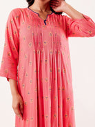 The Kaftan Company Nightdress Coral Ethnic Motif Printed Viscose Rayon Nightdress with Pintuck Detail