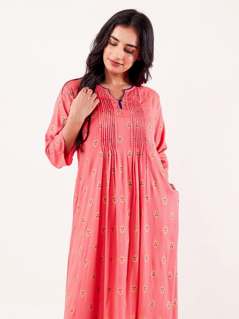 The Kaftan Company Nightdress Coral Ethnic Motif Printed Viscose Rayon Nightdress with Pintuck Detail