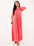 The Kaftan Company Nightdress Coral Ethnic Motif Printed Viscose Rayon Nightdress with Pintuck Detail