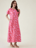 The Kaftan Company Nightdress Coral Pink Leaf Print Cotton Nightdress with Button Placket
